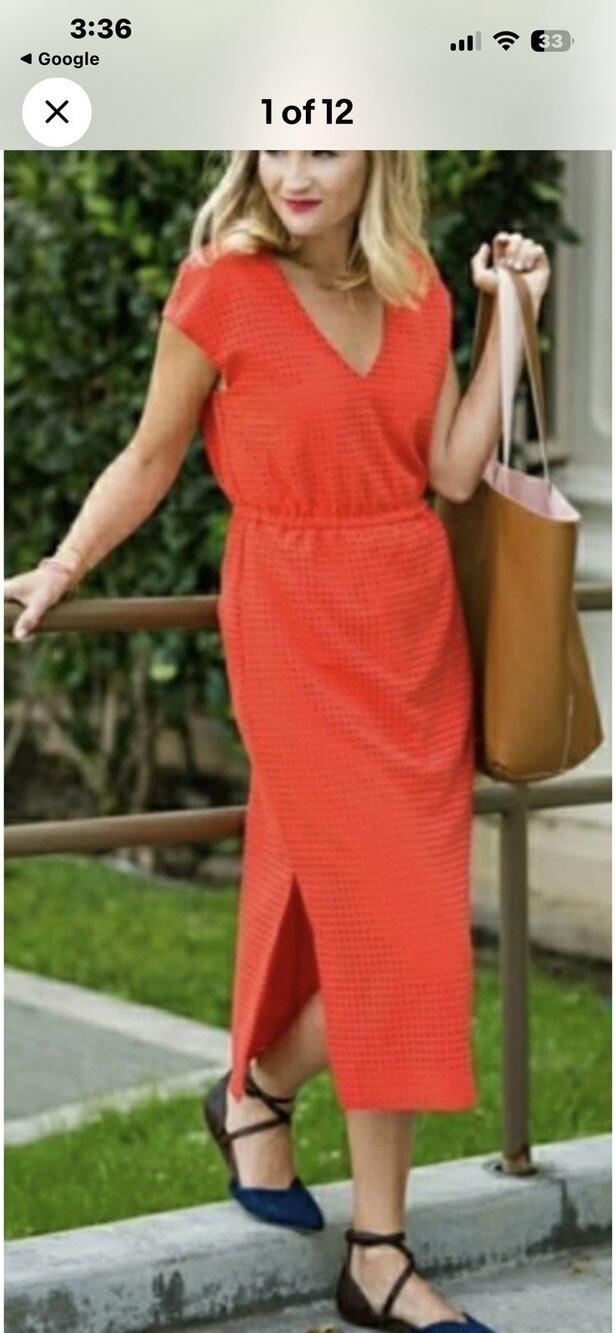J Crew Laser Cut Midi Dress Sz 4 Poppy Orange Pockets Side Slits Perforated NEW